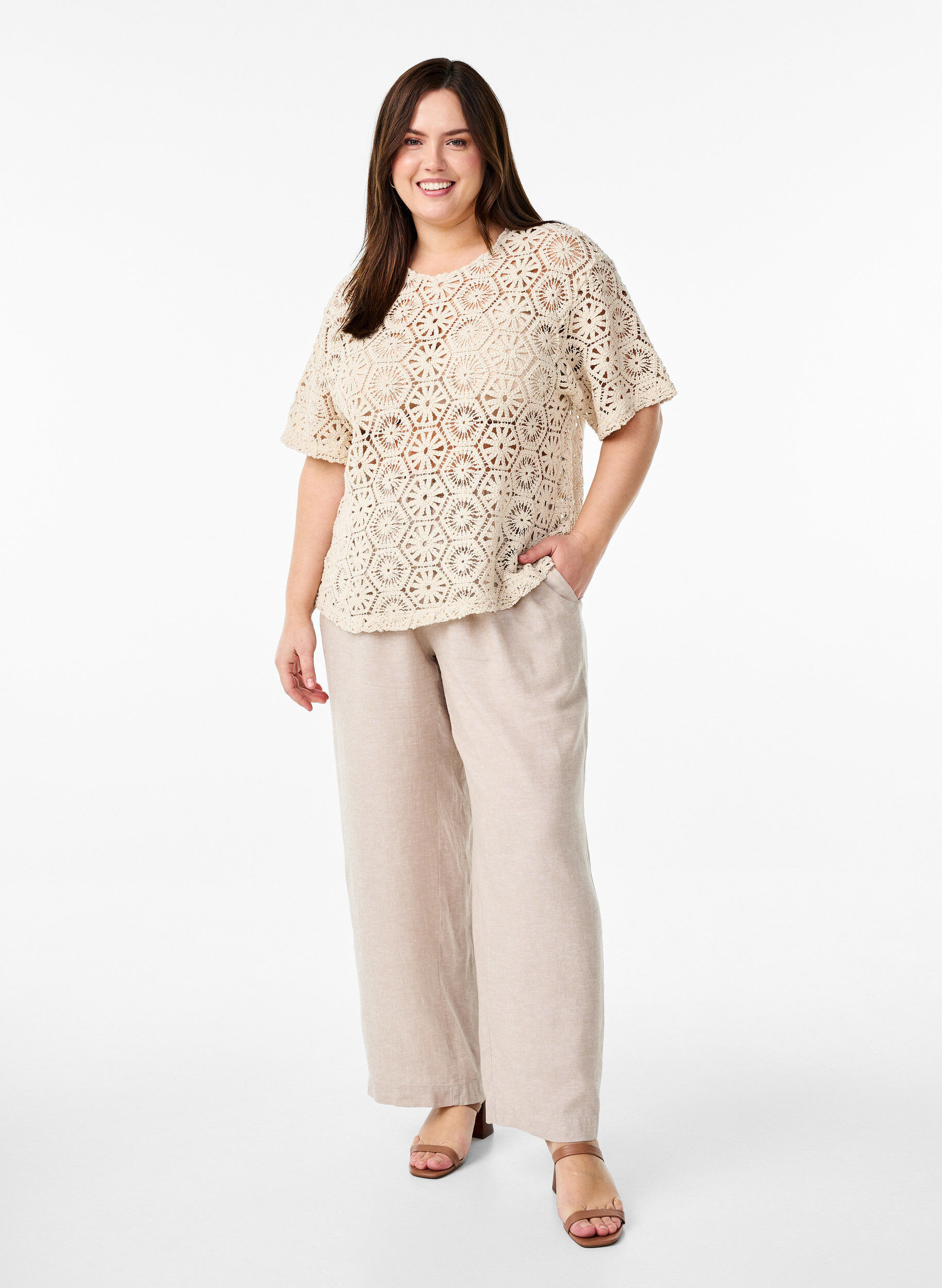 Zizzifashion Crochet blouse with short sleeves, Beige, Model image number 1