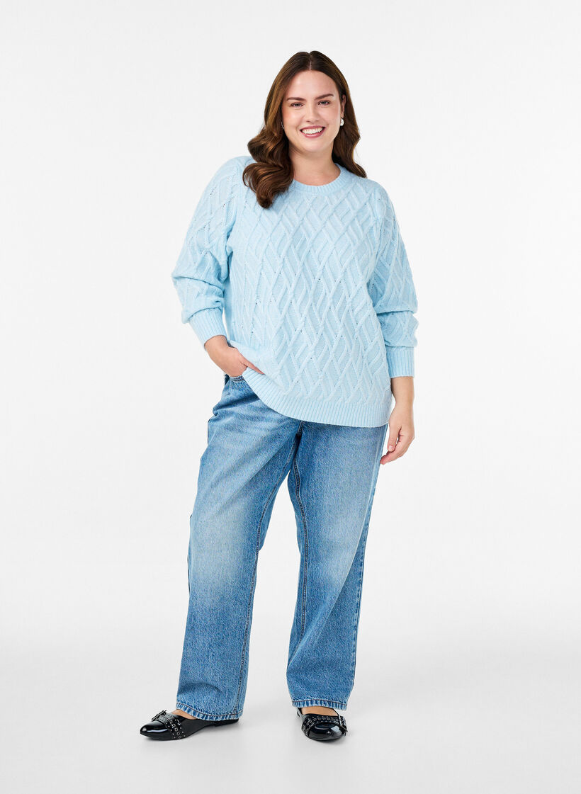 Knit blouse with cable pattern and round neck, Light Blue, Model image number 1