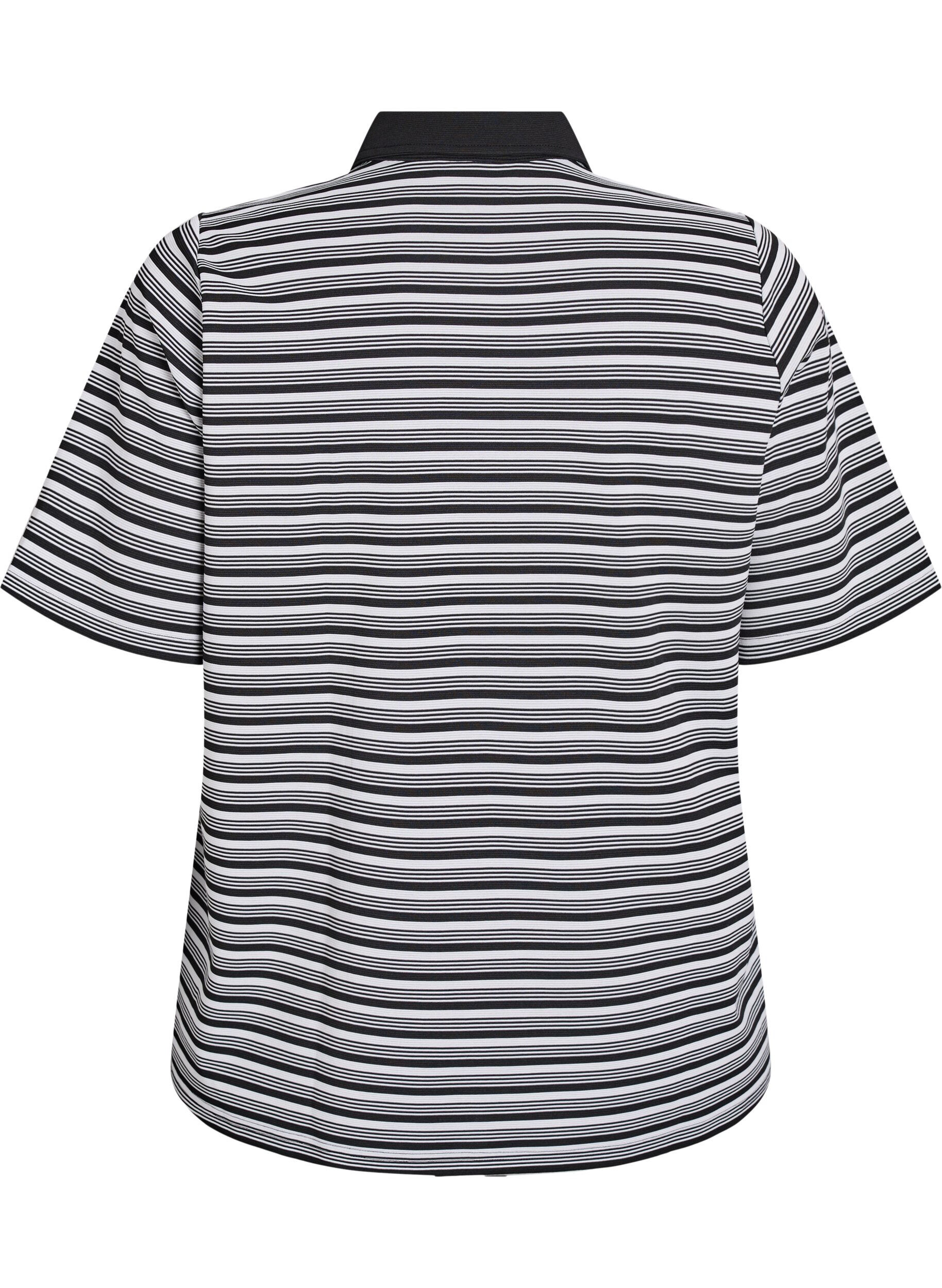 Zizzifashion Striped polo shirt with short sleeves and zip, Black, Packshot image number 1