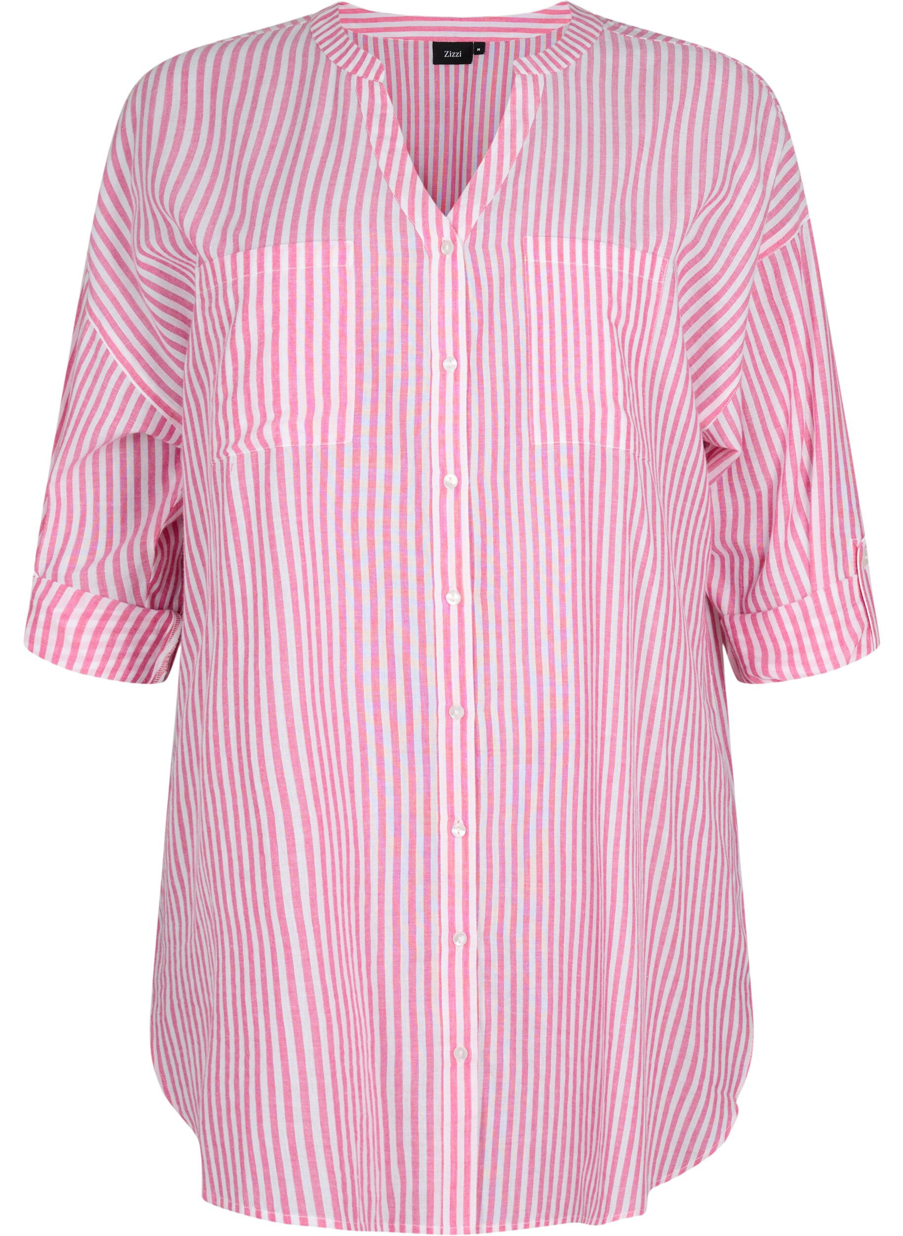 Zizzifashion Striped tunic with v neck and buttons, Beetroot Stripe, Packshot image number 0
