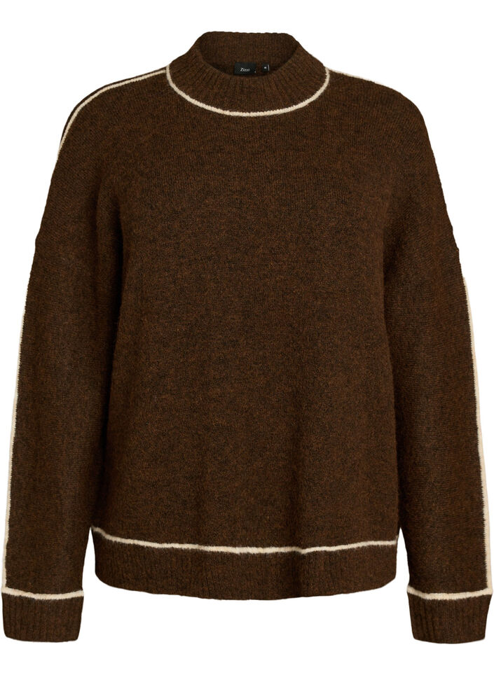 Knitted jumper with turtleneck and contrast stripes, Brown, Packshot image number 0