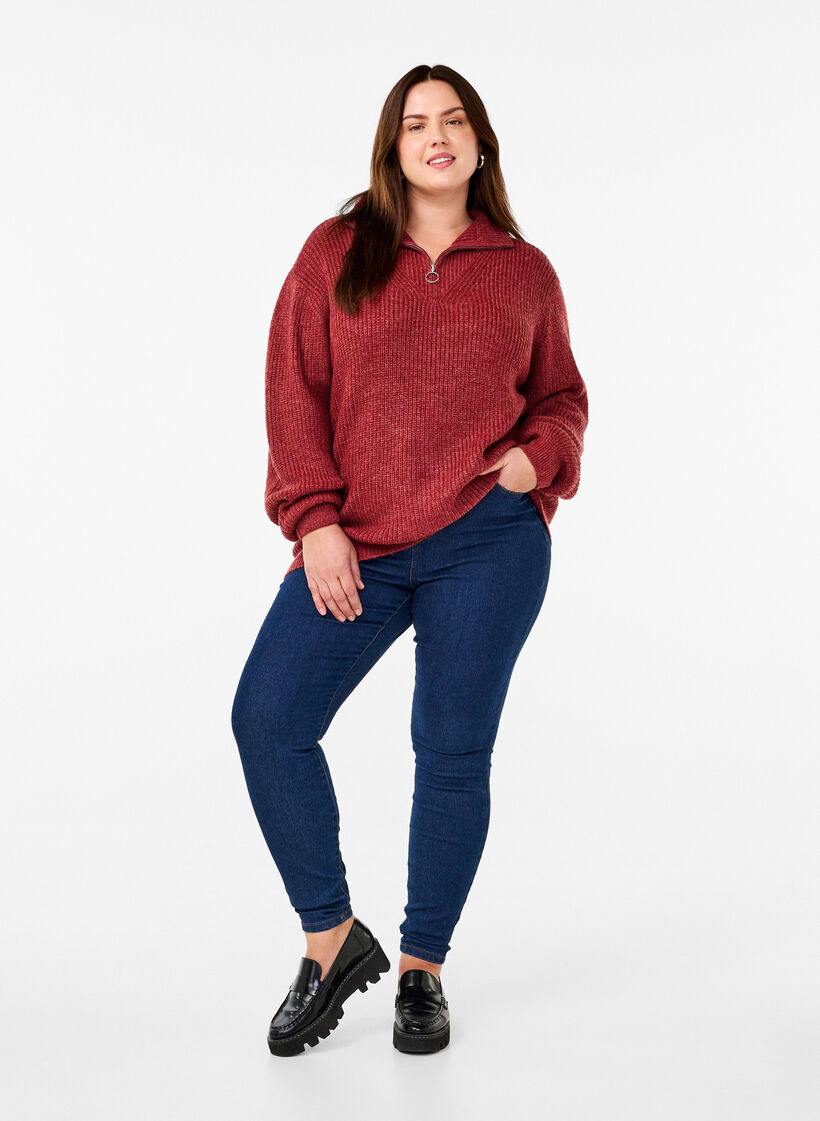 Knitted sweater with high neck and zipper, Red, Model image number 1