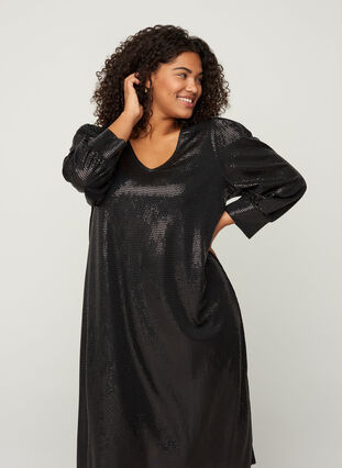 Sequined dress with a slit an 3/4 length sleeves, Black, Model image number 1