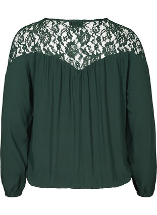 Long-sleeved viscose blouse with lace, Darkest Spruce, Packshot image number 1