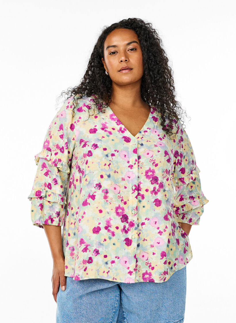 Blouse with ruffle details and floral print, Vanilla, Model image number 0