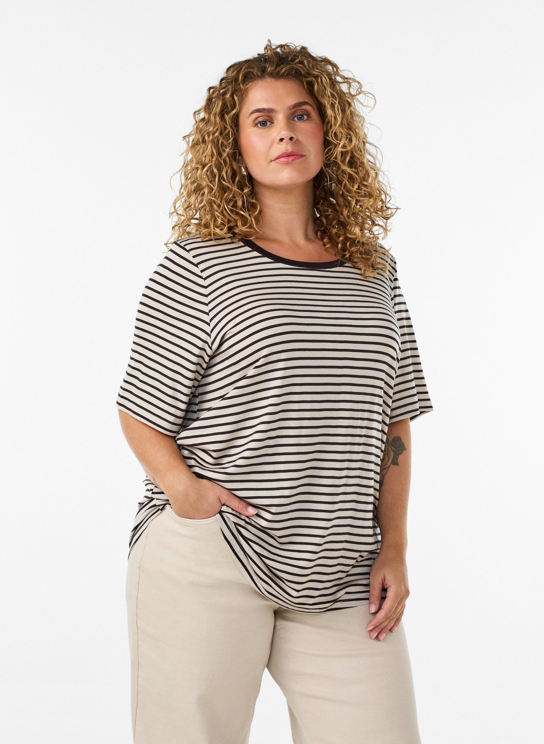 Zizzifashion T-shirt with TENCEL&trade; Lyocell and stripes, Brown, Model image number 0