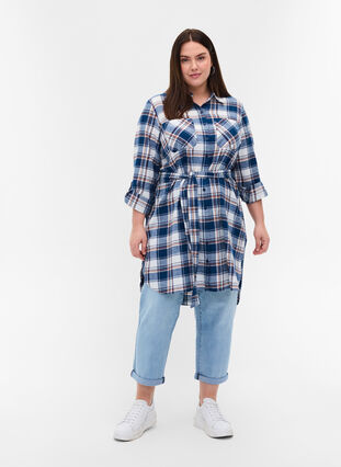 Checkered shirt dress with tie detail, Blue White Check, Model image number 2