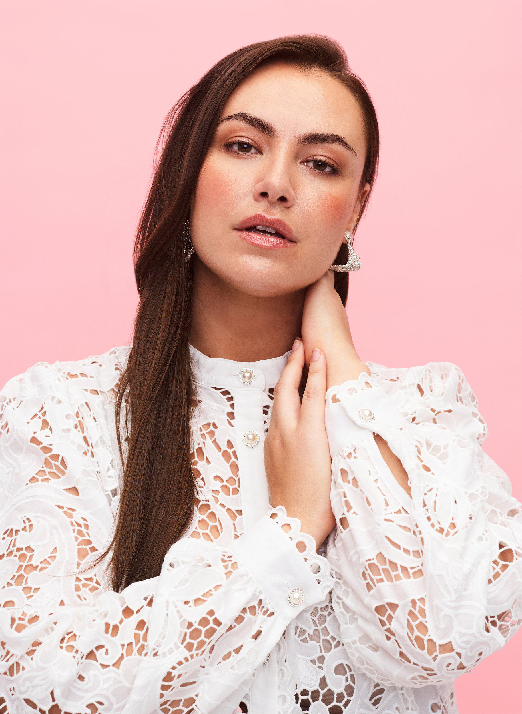 Zizzifashion Long-sleeved lace shirt blouse, White, Model image number 2