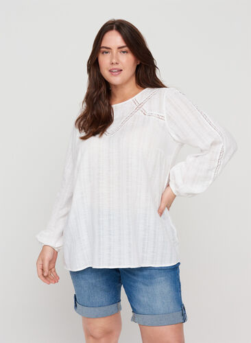 Cotton blouse with long sleeves and embroidery, Bright White, Model image number 0