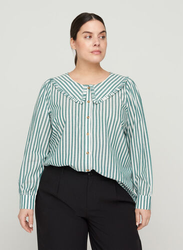 Striped shirt in cotton, Green Stripe , Model image number 0