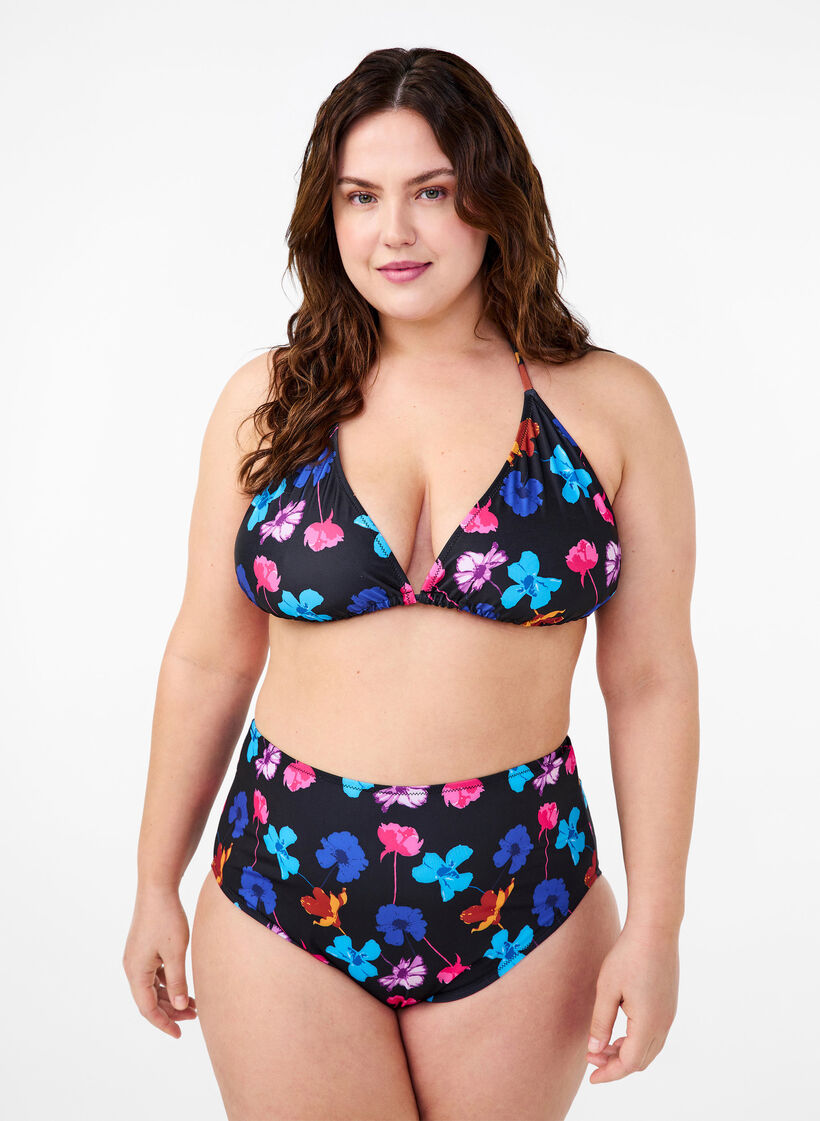 Bikini bottom with print and high waist, Black, Model image number 0