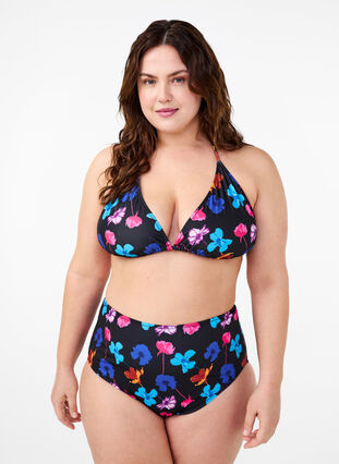 Bikini bottom with print and high waist, Black Flower AOP, Model image number 0