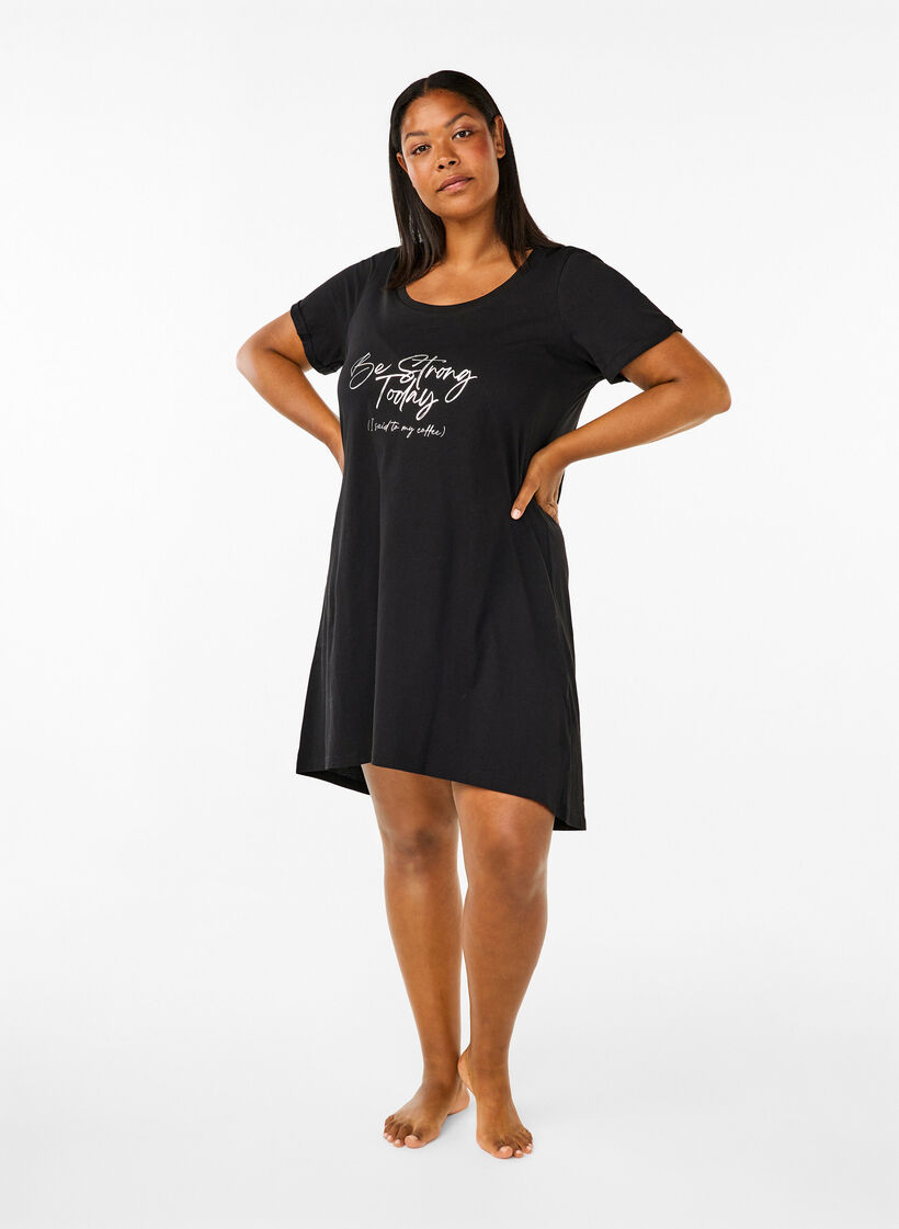 Short-sleeved nightgown in organic cotton, Black, Model image number 1