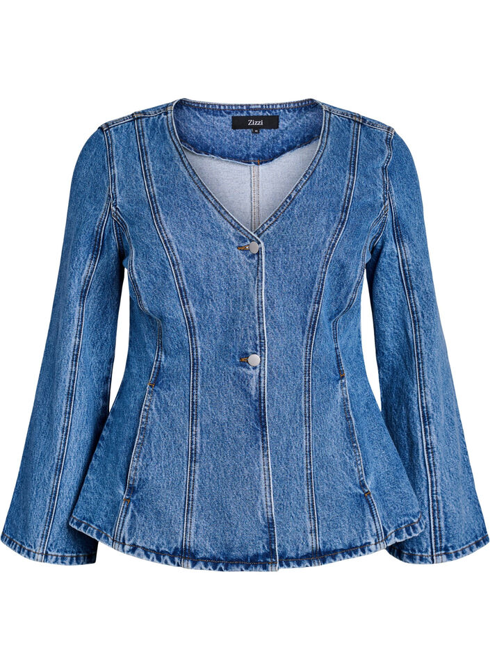 Denim jacket with shaping seams and a V-neck, Blue, Packshot