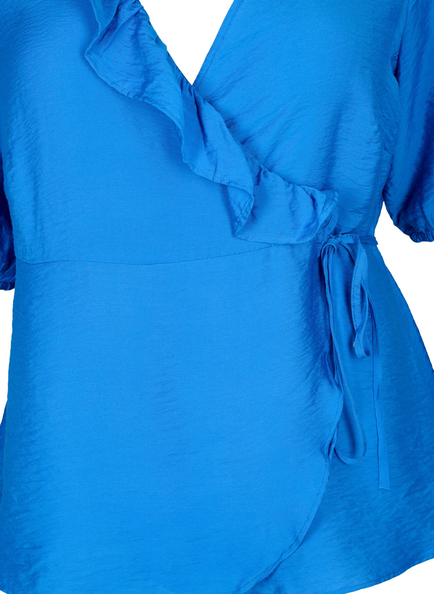 Zizzifashion Wrap blouse in viscose with 1/2 sleeves, Olympian Blue, Packshot image number 2