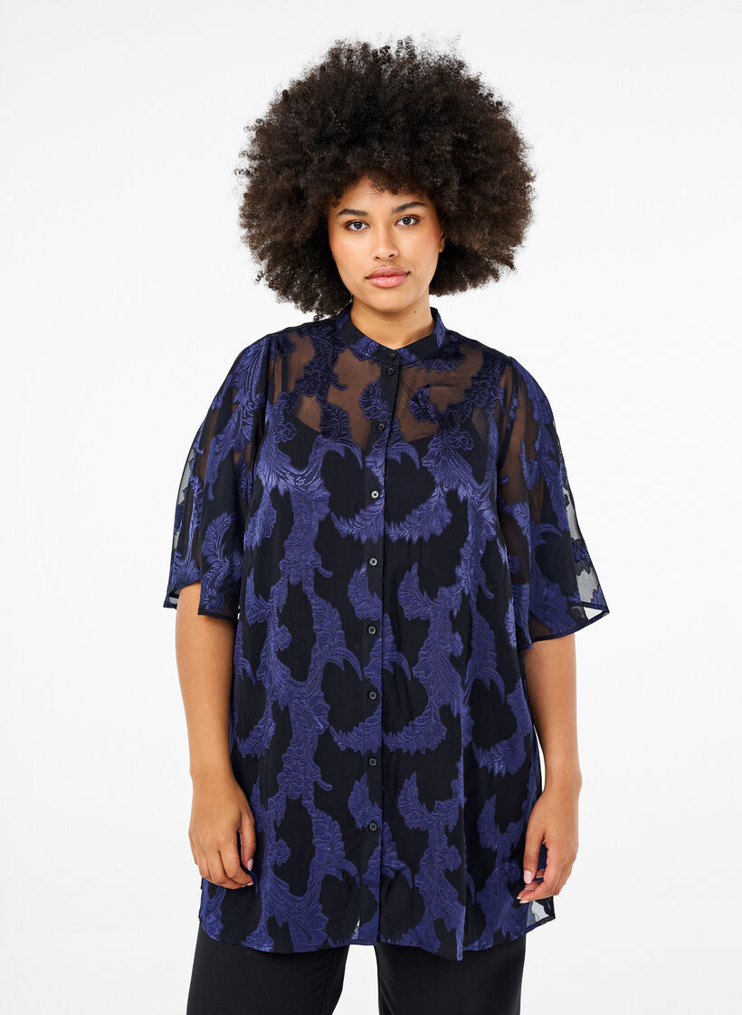 Chiffon tunic with jacquard pattern, Evening Blue, Model image number 0