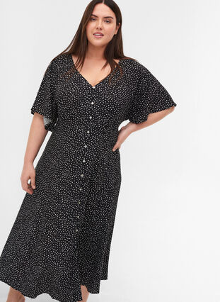 Viscose midi dress with polka dots and buttons, Black w. Dot, Model image number 2