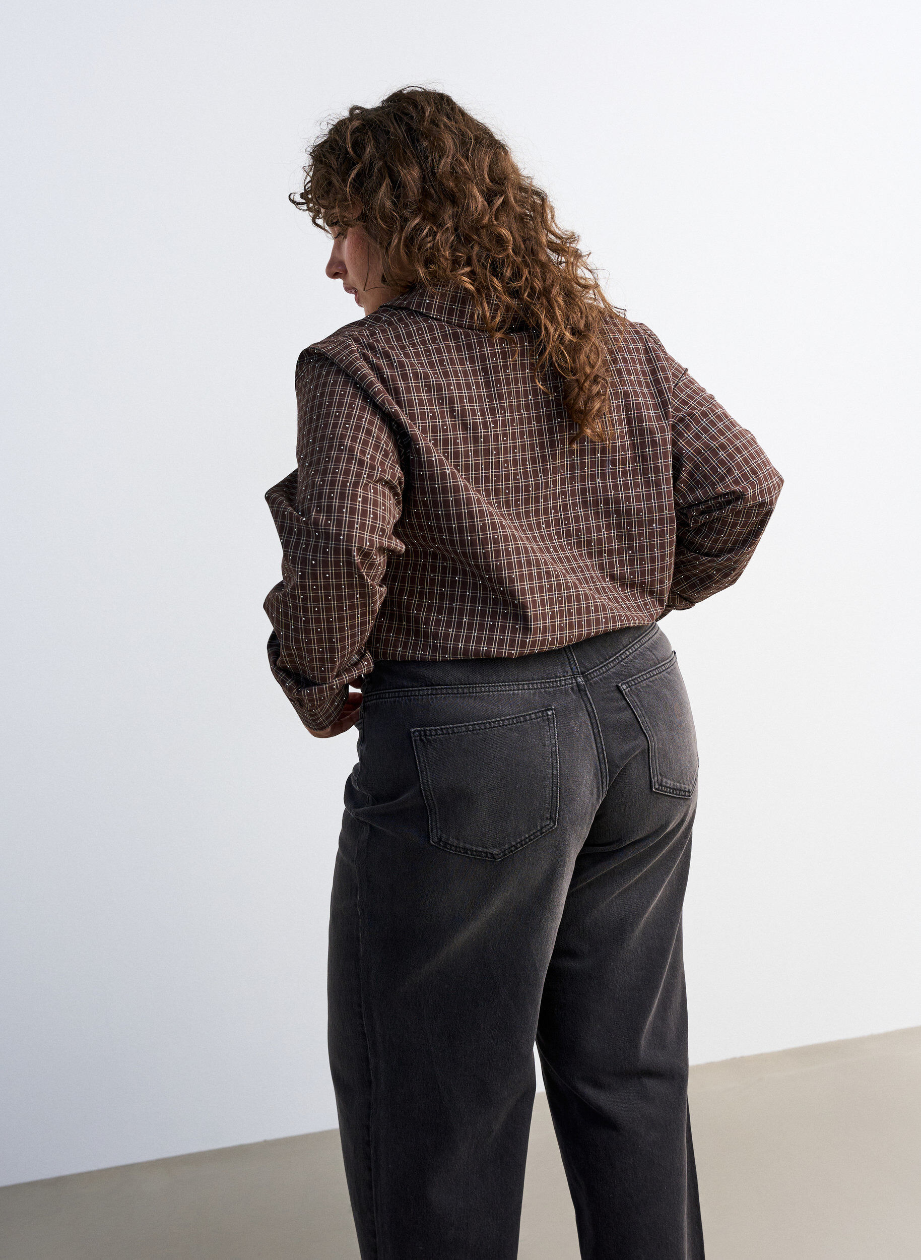 ZizzifashionChecked shirt with rhinestones, Brown, Model image number 2