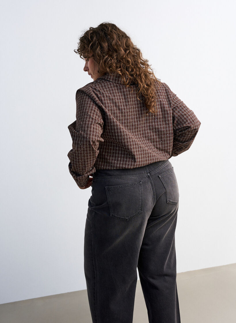 Checked shirt with rhinestones, Brown, Model image number 2