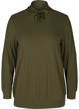Long-sleeved blouse with a high neck and drawstring, Olive Night, Packshot image number 0