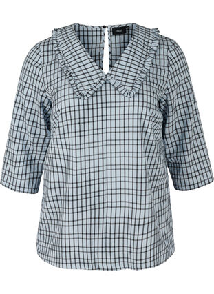 Checked blouse with 3/4 sleeves and ruffled collar, Light Blue Check , Packshot image number 0
