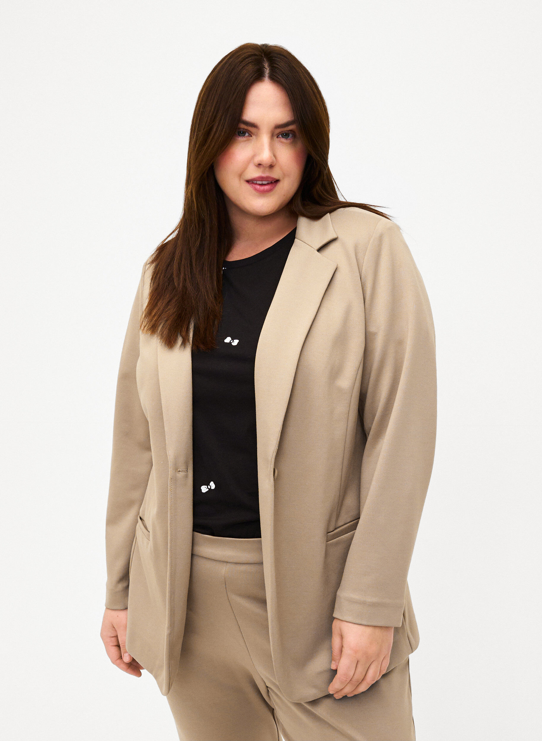 Zizzifashion Simple blazer with button closure, Beige, Model image number 0