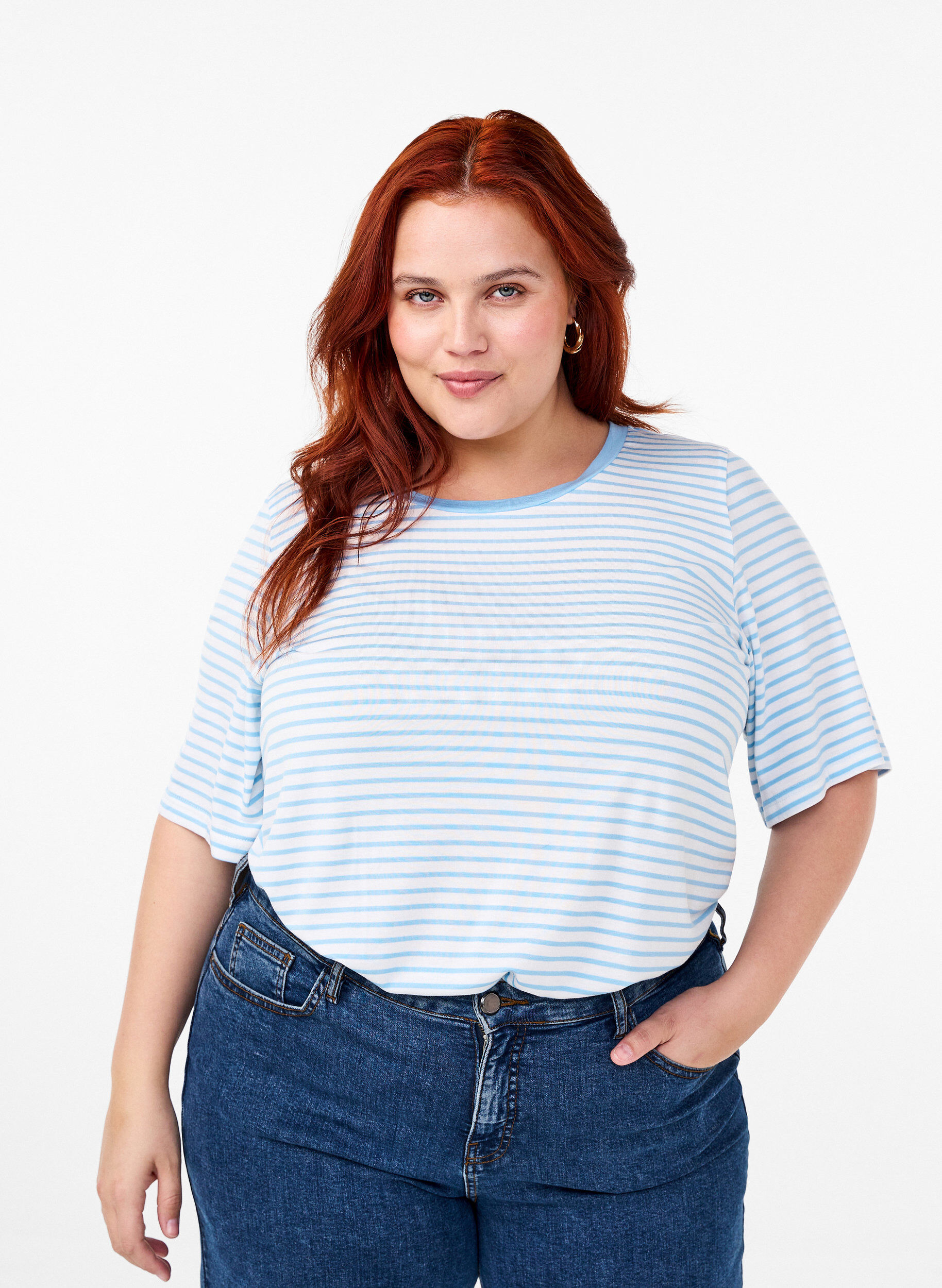 Zizzifashion Striped T-shirt in lyocell with round neck, Light Blue, Model image number 0