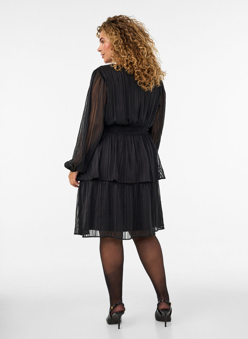 Knee-length dress with sheer stripes and wrap effect, Black, Model image number 2
