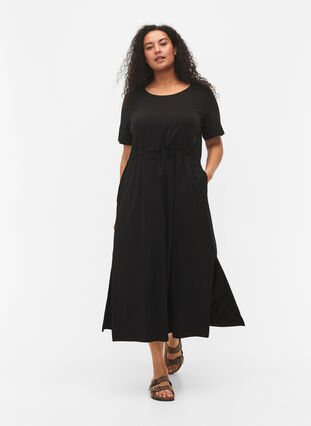 Midi dress in cotton with short sleeves, Black Solid, Model image number 0