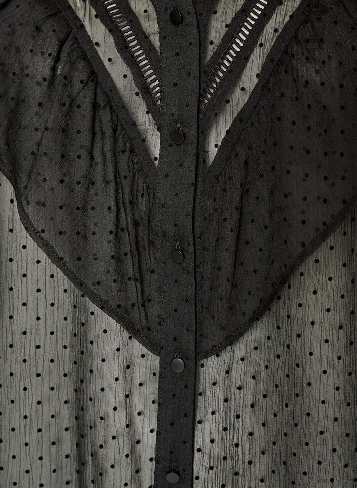 Sheer shirt blouse with dots and ruffle details, Black, Packshot image number 2