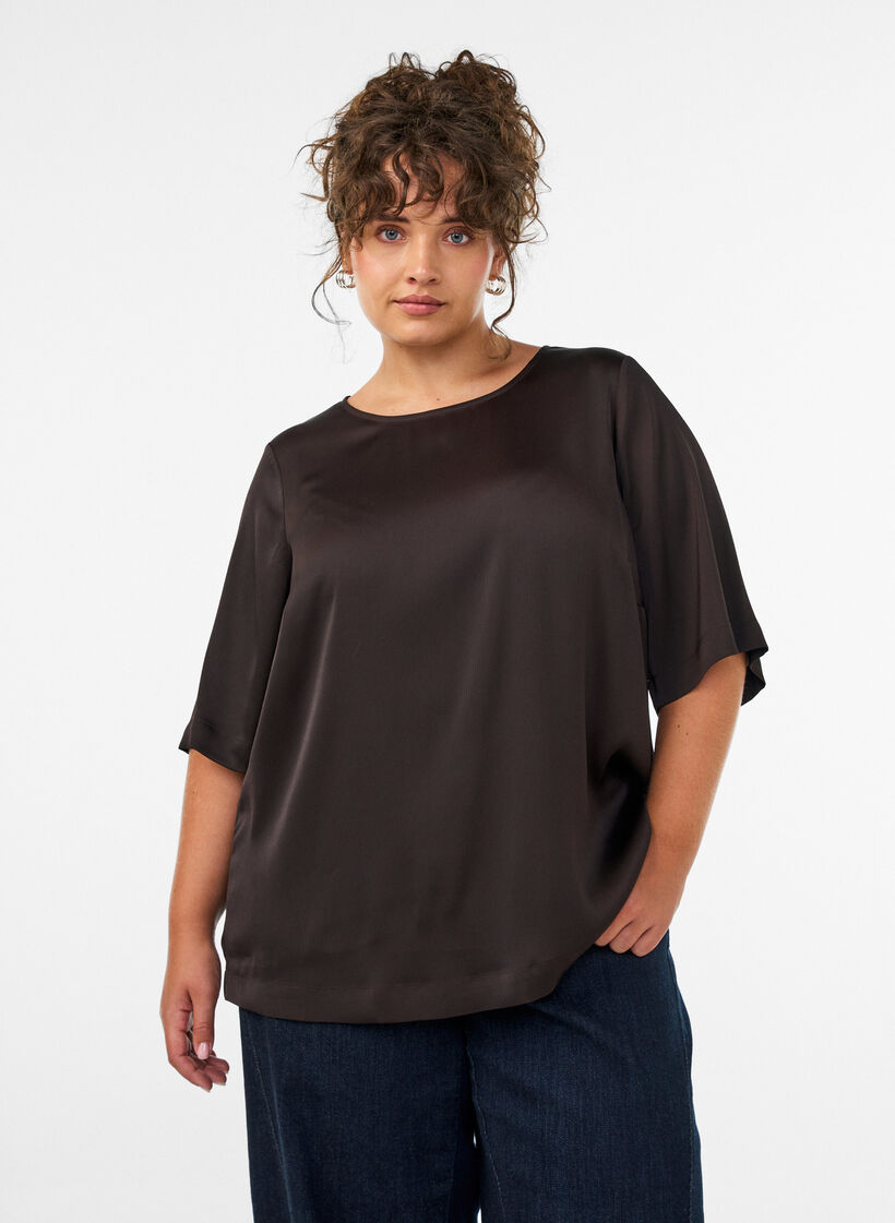 Satin blouse with elbow-length sleeves, Brown, Model image number 0