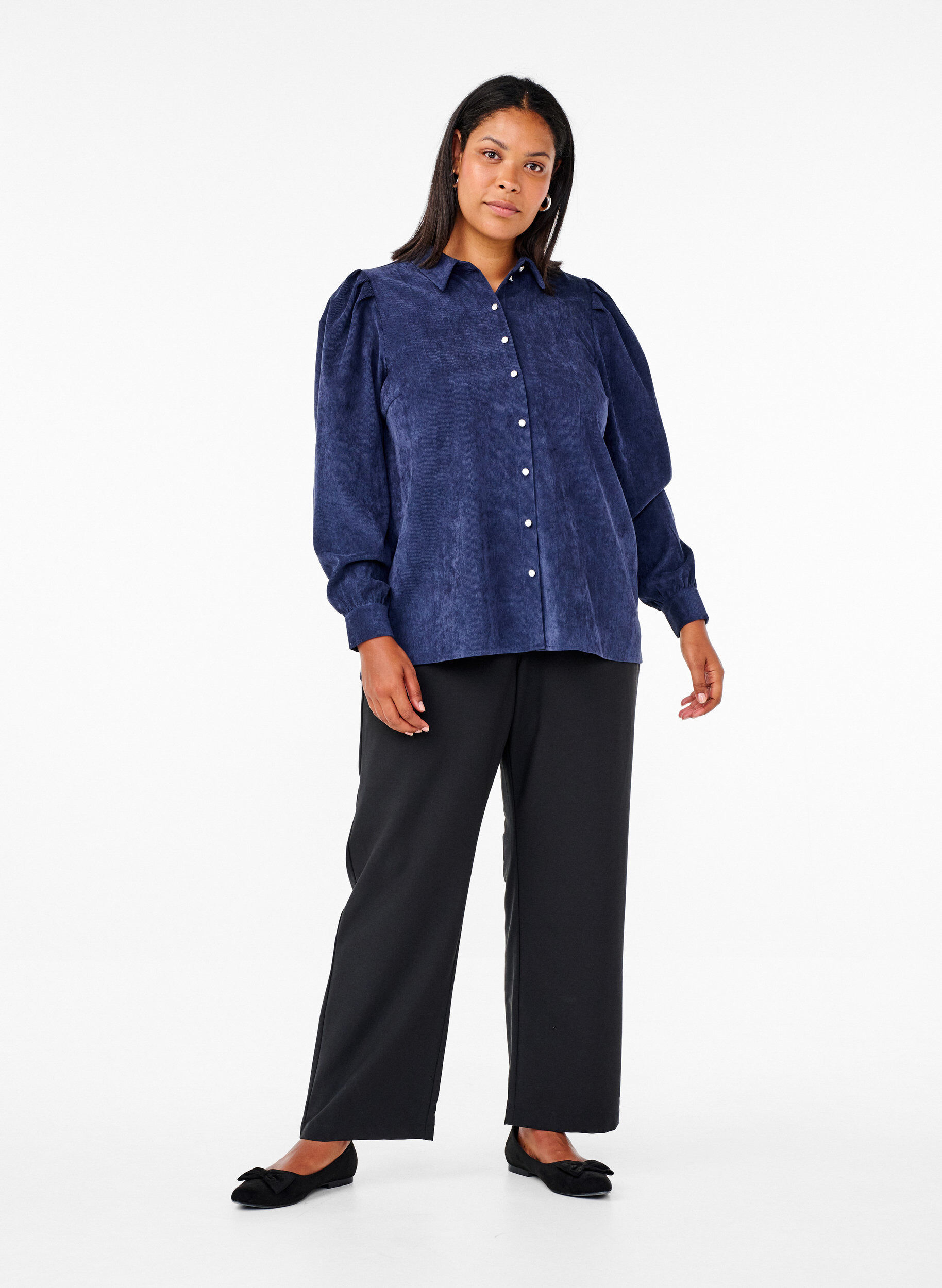 Zizzifashion Velvet shirt with rhinestone buttons, Medieval Blue, Model image number 2