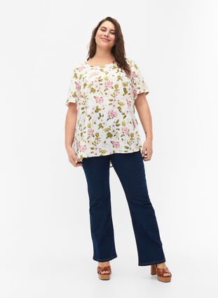 FLASH - Blouse with short sleeves and print, Off White Flower, Model image number 2