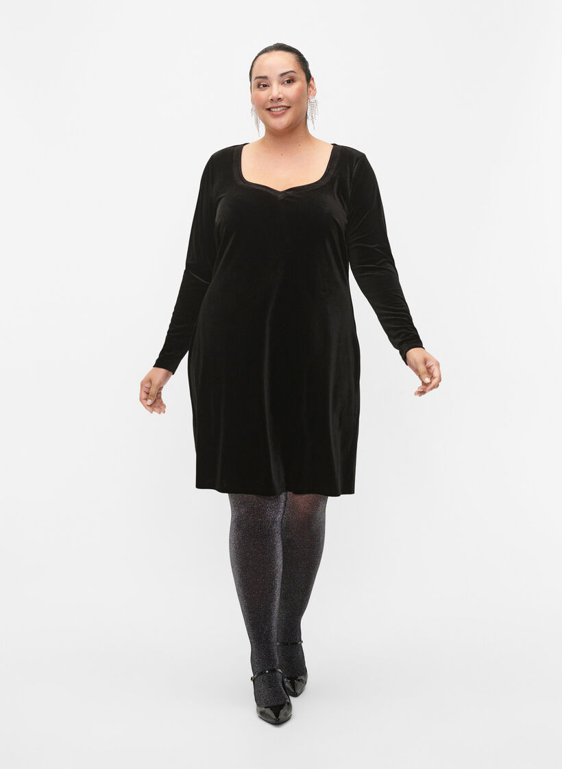 Velour dress with long sleeves, Black, Model image number 3