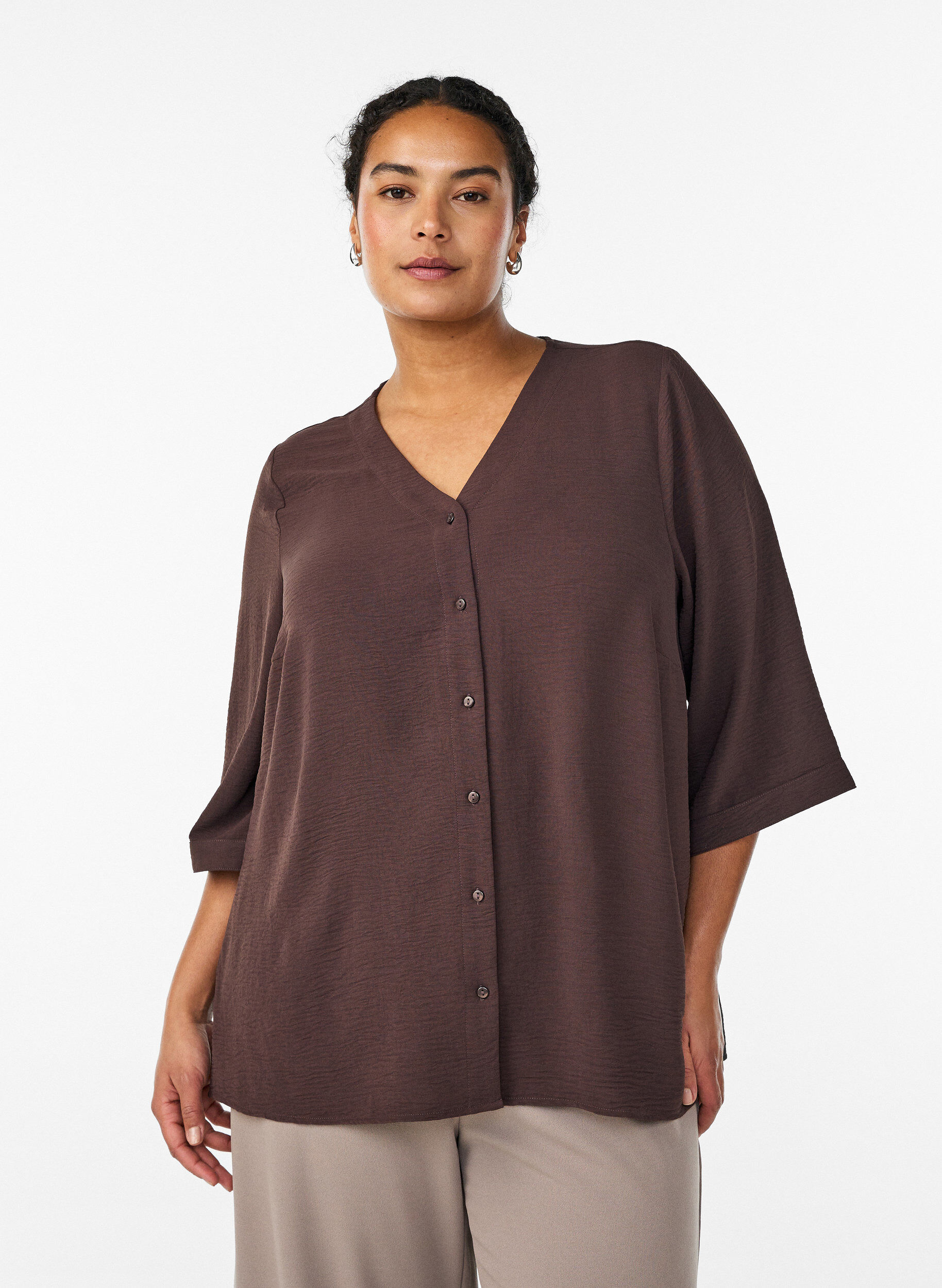 ZizzifashionShirt blouse with V-neck and 3/4 sleeves, Brown, Model image number 0