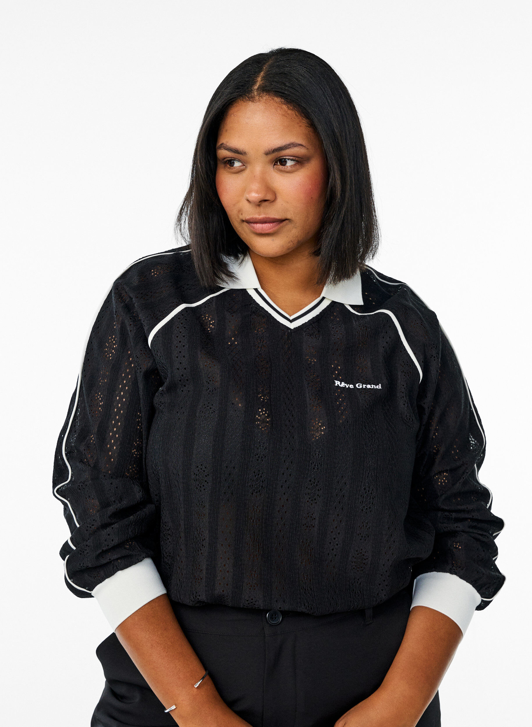 Zizzifashion Textured jersey blouse with contrast details, Black, Model image number 0