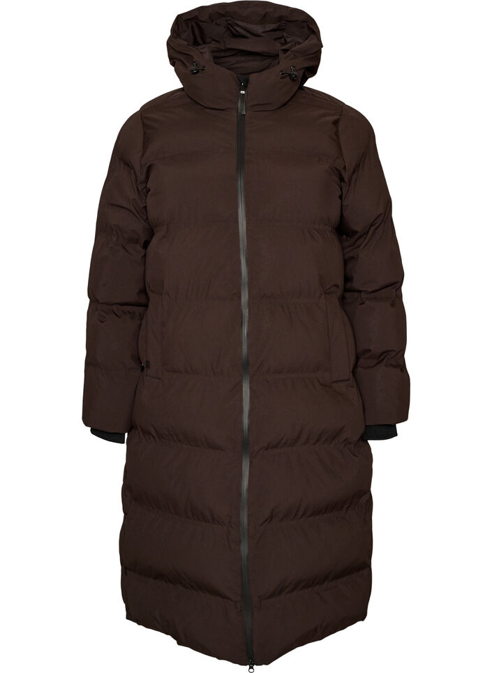 Long puffer winter coat with hood, Brown, Packshot image number 0