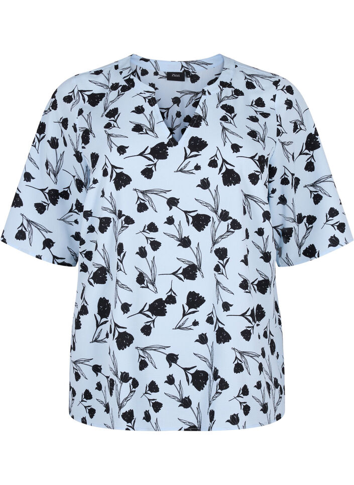V-neck blouse with floral print, Cashmere Blue Flower, Packshot image number 0