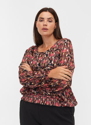 Printed blouse with long sleeves and smocking, Black Oriental, Model image number 0