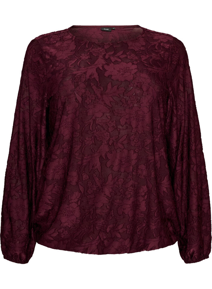 Sheer blouse with floral texture and long sleeves, Red, Packshot image number 0
