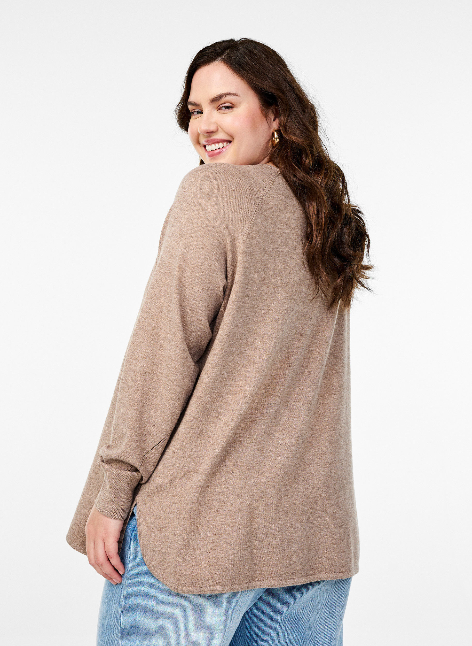 Zizzifashion Knit blouse with round neck and knitted pattern, Brown, Model image number 2