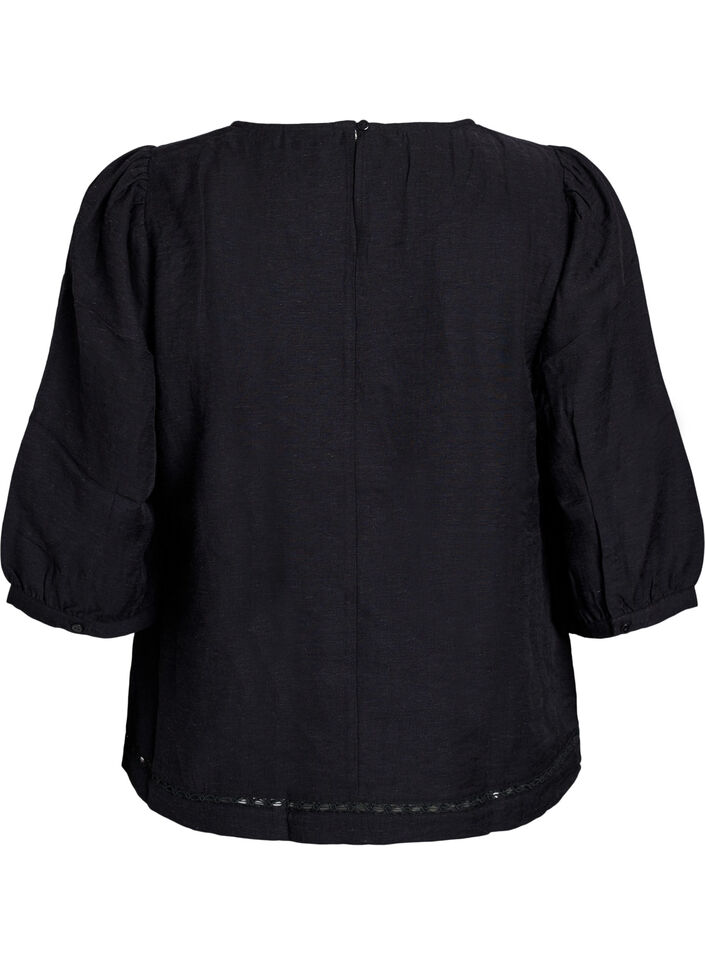 Viscose blend blouse with linen and gathered shoulders, Black, Packshot image number 1