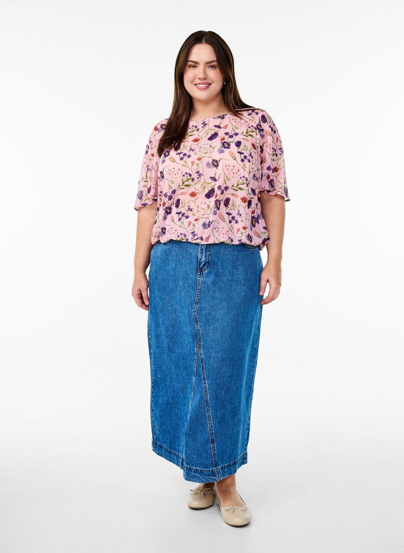 Floral blouse with short sleeves and smocking, Rose, Model image number 1