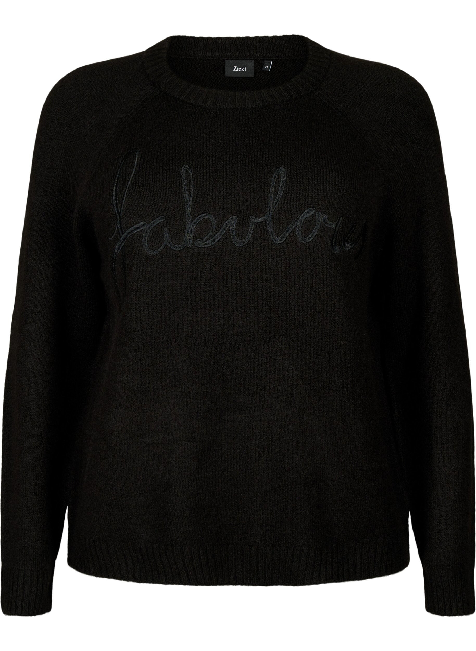 Zizzifashion Knitted blouse with embroidered text, Black/Black, Packshot image number 0