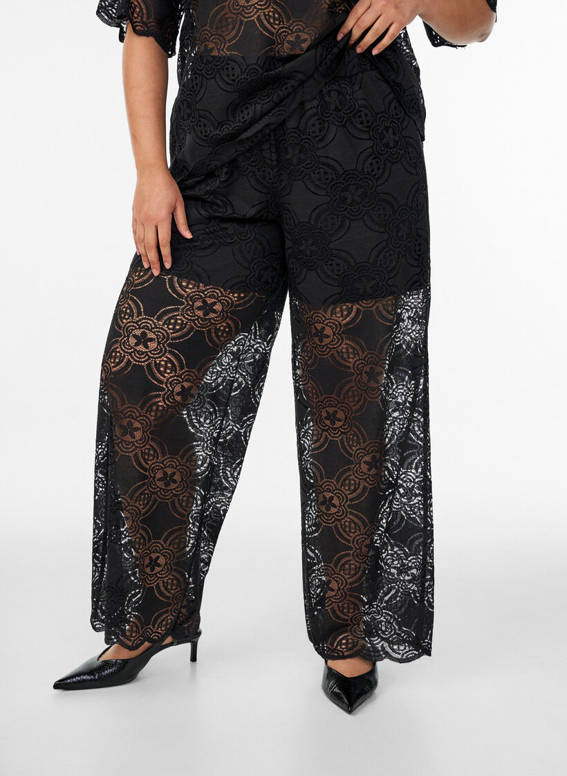 High-waisted wide-leg lace trousers, Black, Model image number 2
