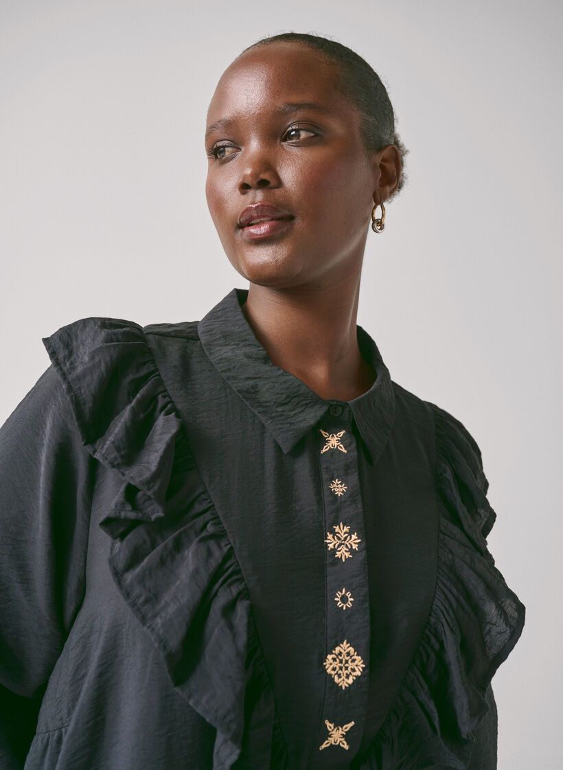 Shirt dress with ruffles and embroidery, Black, Image image number 0