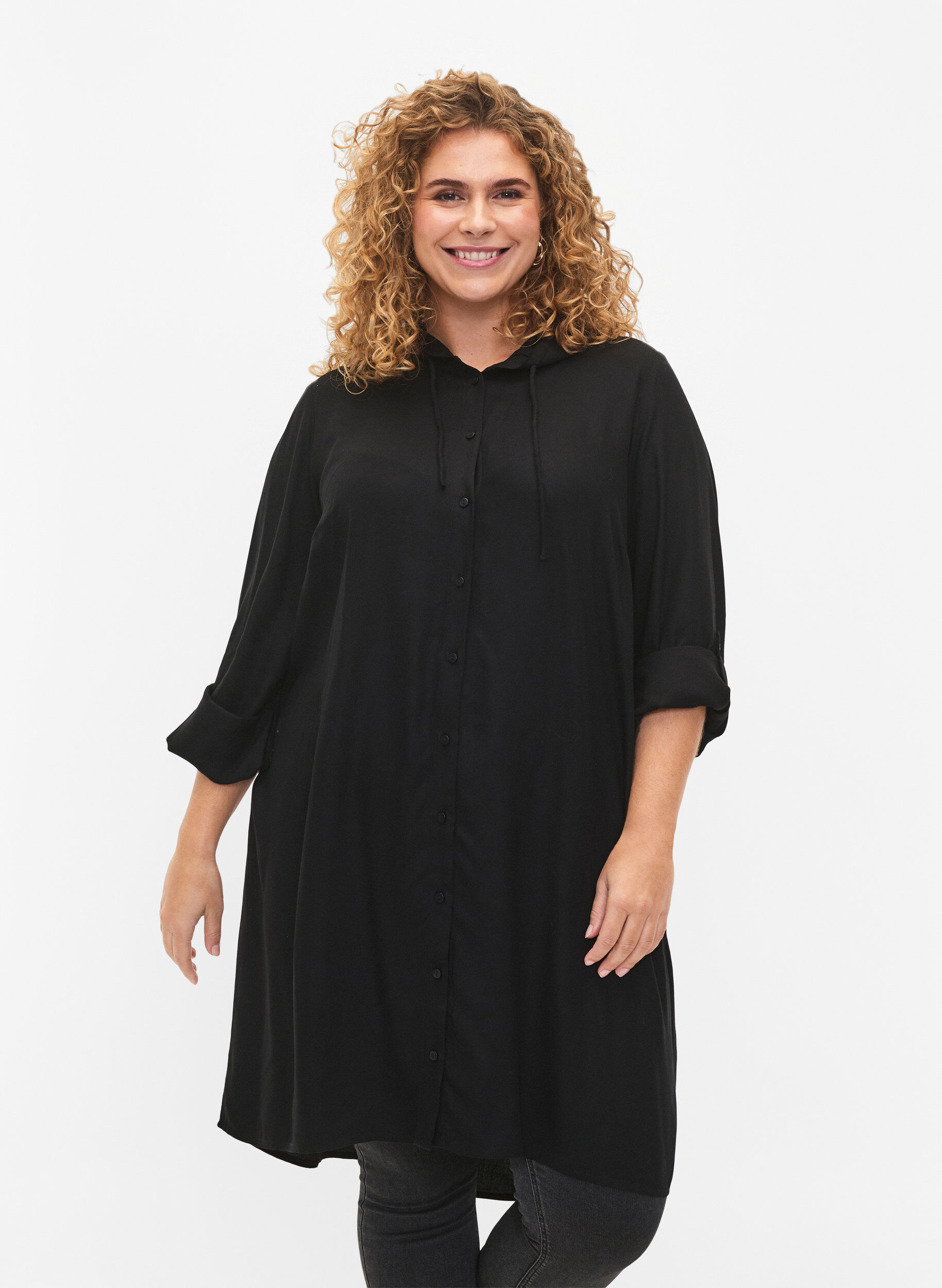 Zizzifashion Shirt dress in viscose with hood and 3/4 sleeves, Black, Model image number 0