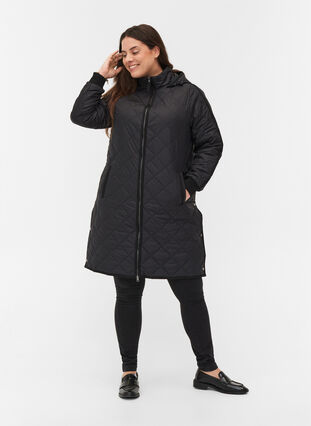 Quilted thermal jacket with hood and zipper, Black, Model image number 2