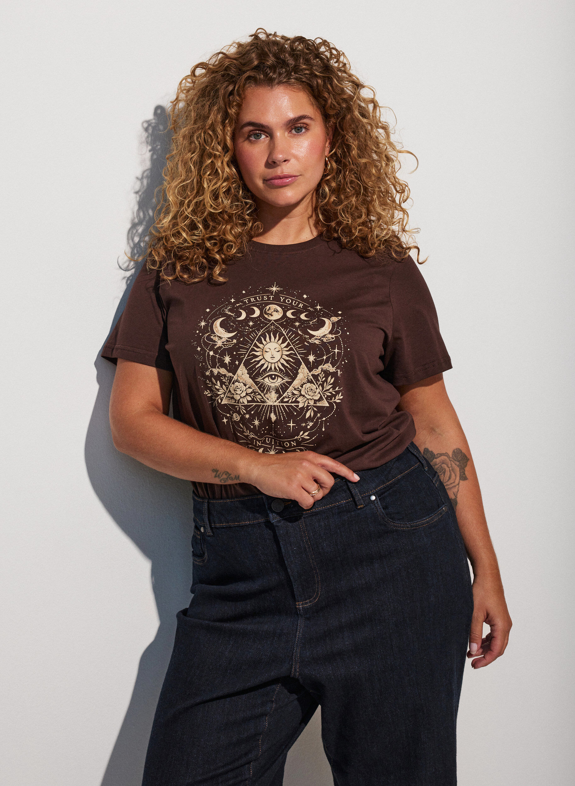 ZizzifashionCotton T-shirt with front print, Brown, Model image number 0