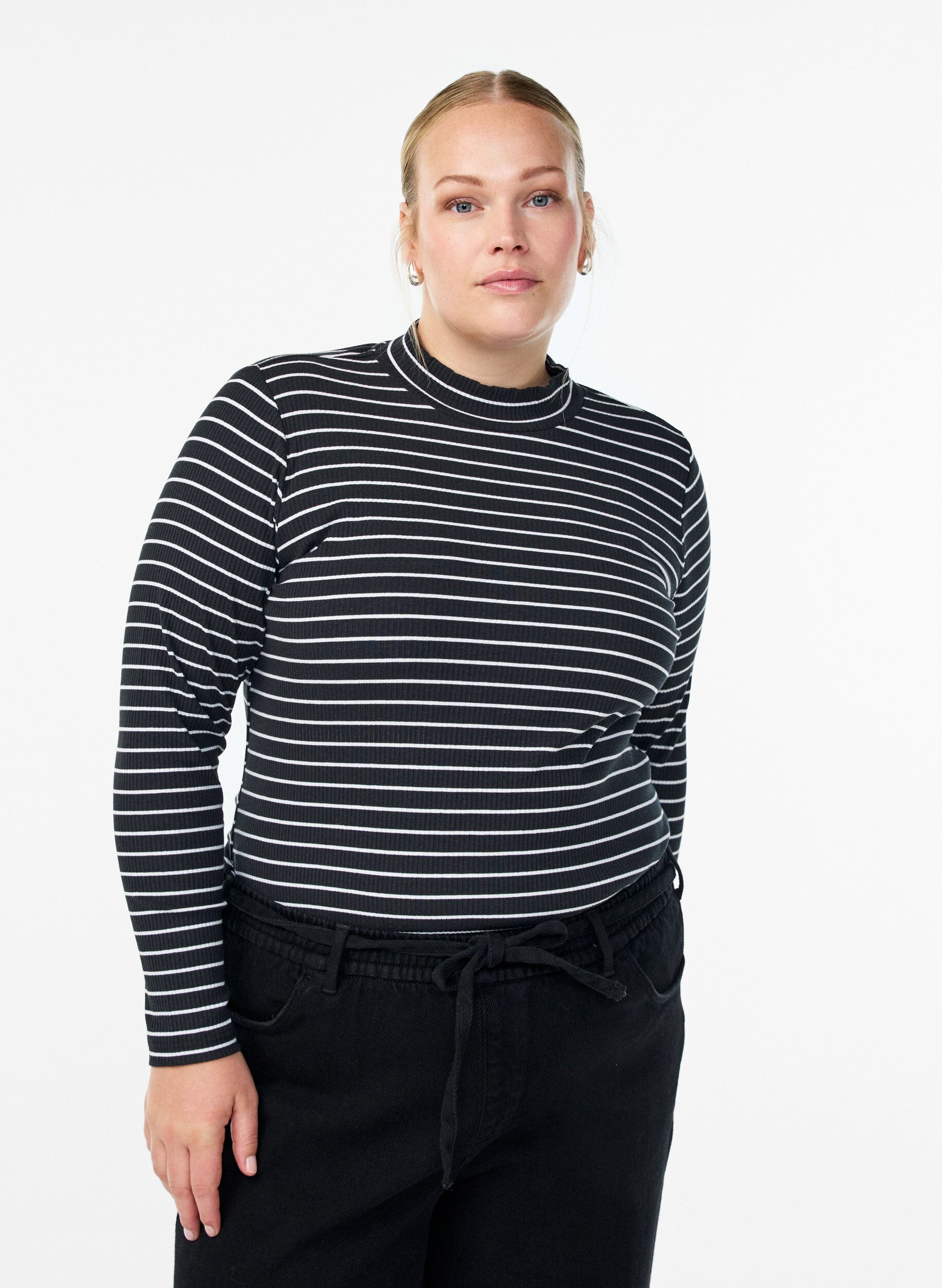 Striped ribbed jersey blouse with a high neck, Black, Model
